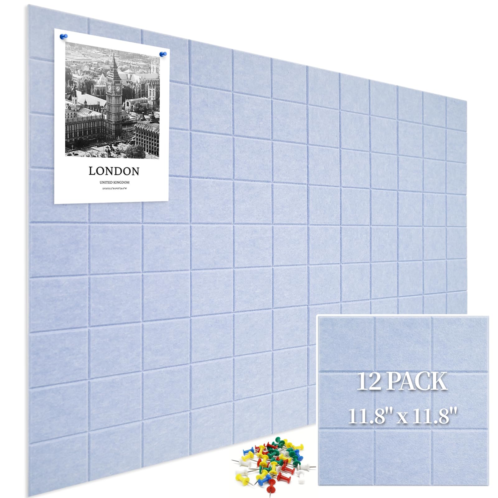 Photo 1 of 12 Pack Large Cork Board for Walls, 48" X 36" Felt Bulletin Board Tiles with 48 Safe Removable Adhesive Tabs & 60 Push Pin Board Decorative Cork Board Tack Board Wall Organizer for Office - Light Grey