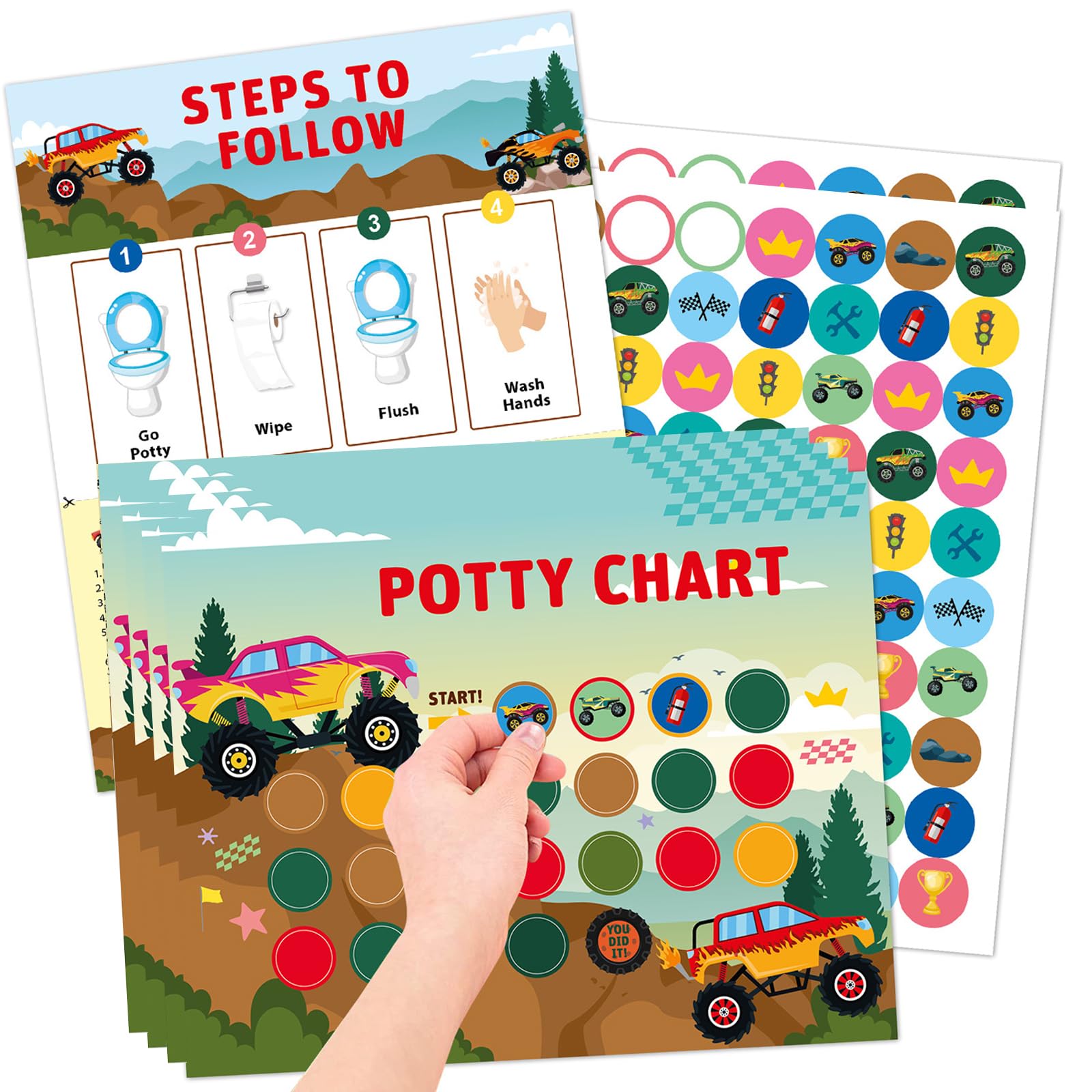 Potty Training Reward Chart, KAMHBE 10 Sheet Potty Training Chart for Toddlers Boys Girls - Car Potty Chart with Stickers Toilet Training Reward Chart Develop Toileting Habit (Car)