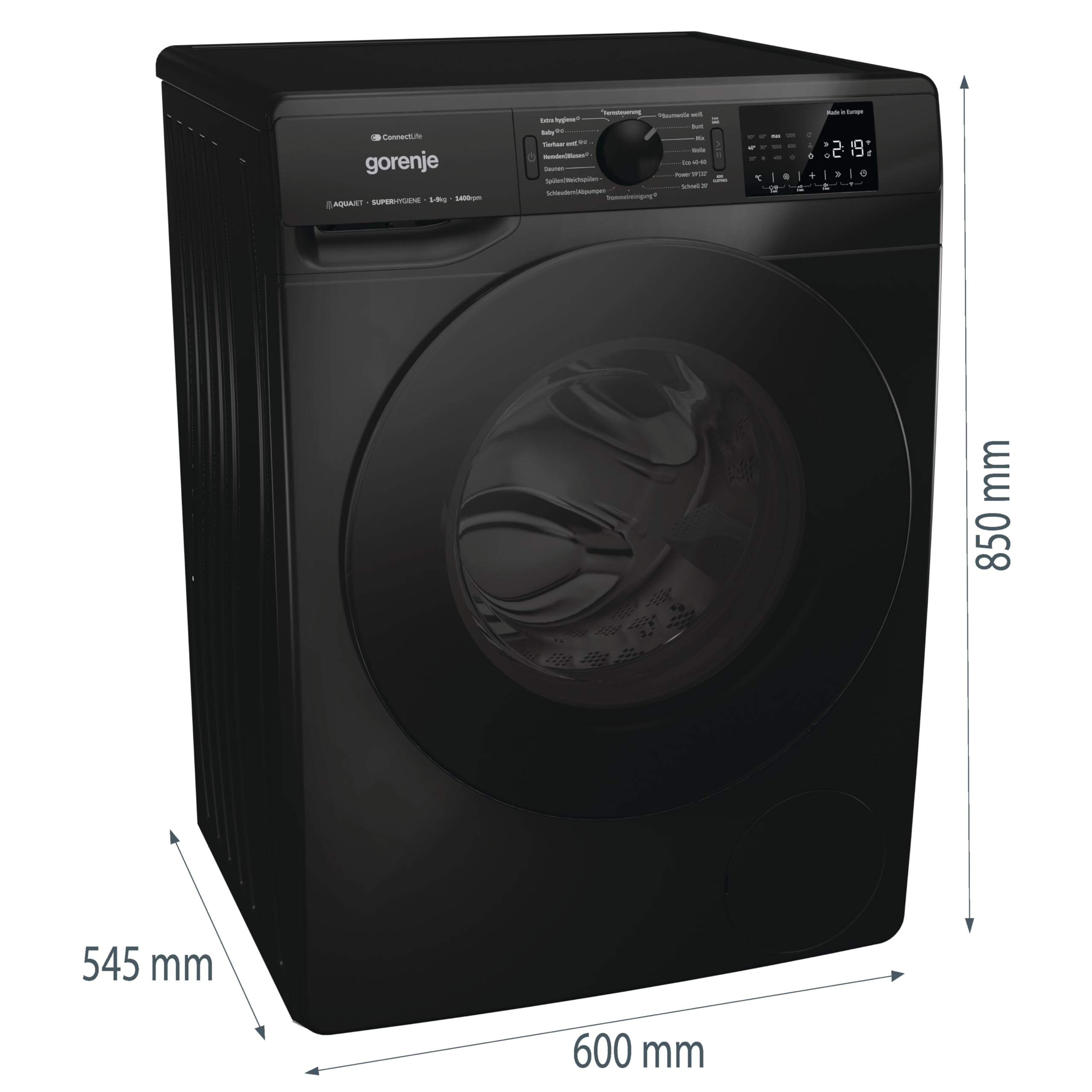 Gorenje WPNEI94A1DTSB Waschmaschine mit Dampffunktion/ConnectLife / 9Kg / 1400 U/min / 15 Programme/Totaler AquaStop/Wave Active Trommel/ExtraHygiene/PowerWash/Schnell Waschgang/EEK: A-10% 2