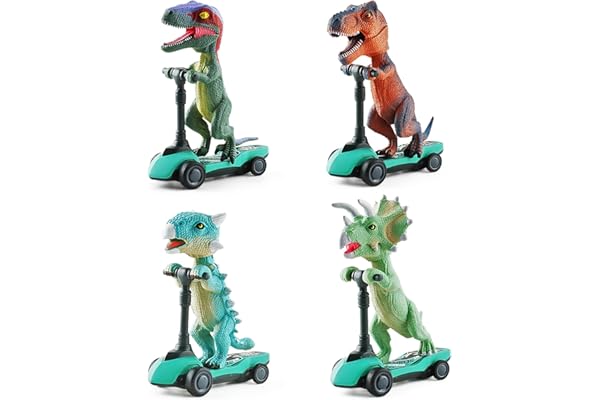 DINOBROS Dinosaur Scooter Toys Pull Back Cars Mini Finger Kick Scooters Boy Toy Age 3 4 5 6, Dino Gift Sets for Kids 4-Pack