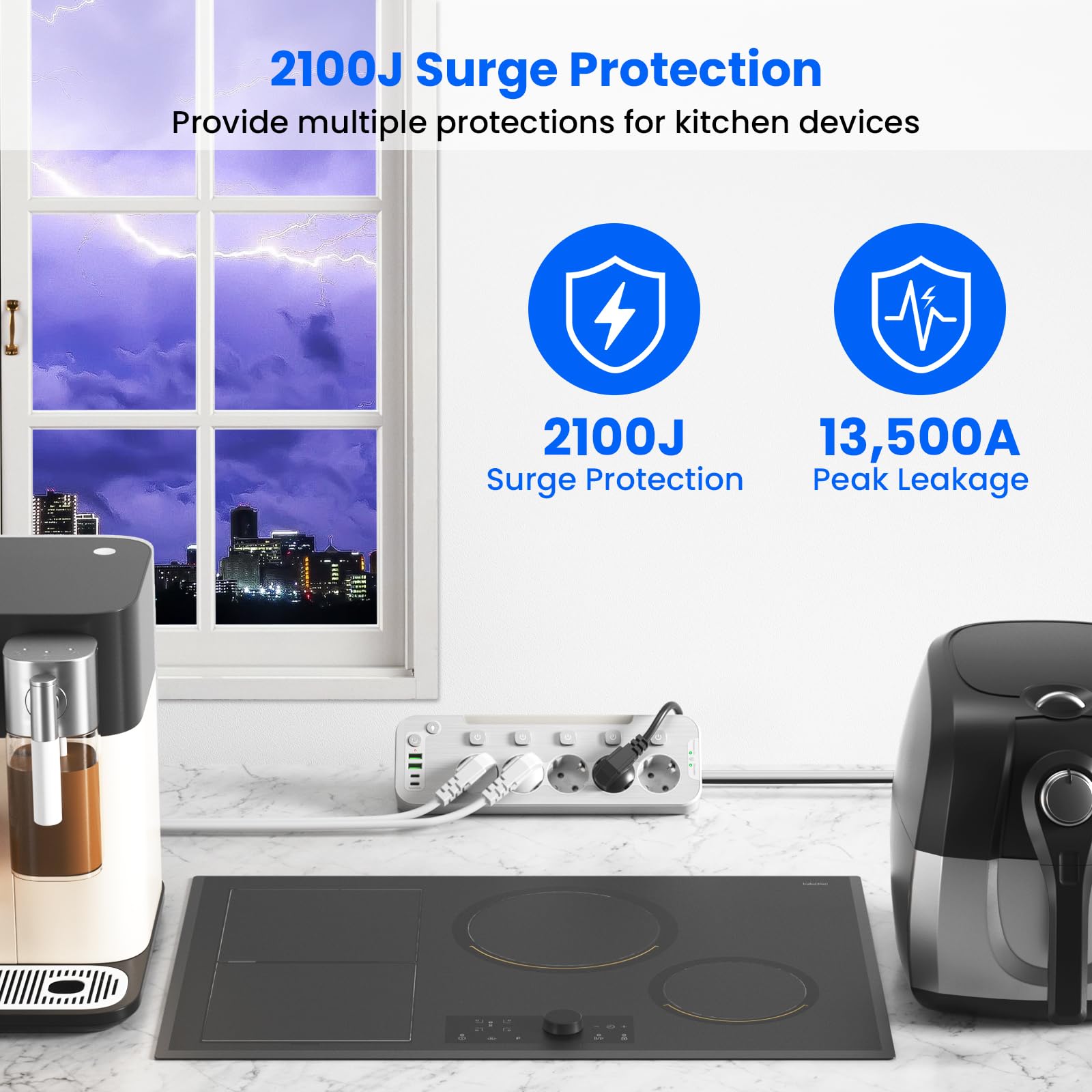 Tischsteckdose mit USB,5-Fach Steckdosenleiste Einzeln Schaltbar,Ecksteckdose Küche und Büro,Wandmontage Mehrfachsteckdose mit Schalter,Metall Steckerleiste Überspannungsschutz 2M Kabel,Weiß 3