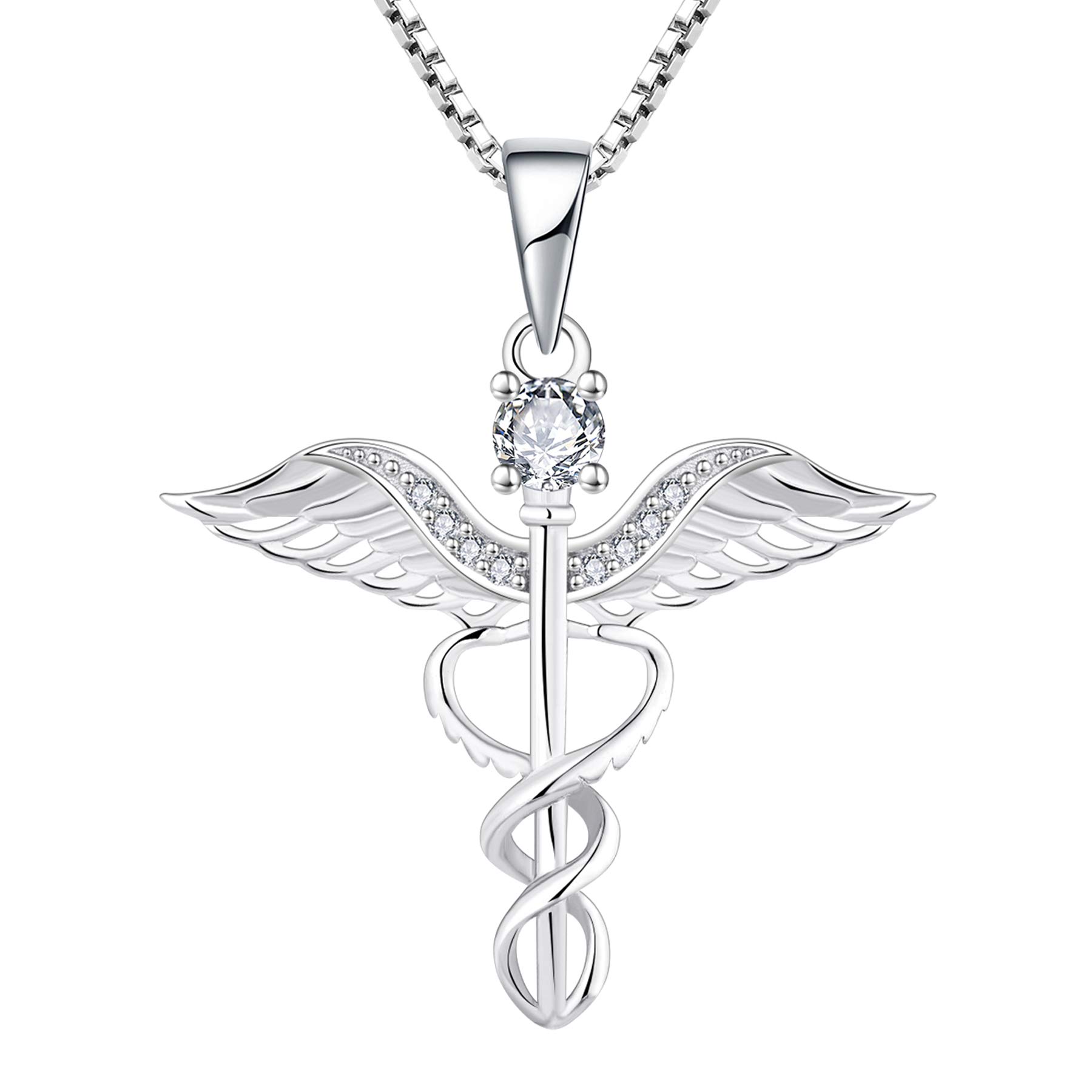 YL Nurse Necklace 925 Sterling Silver cut April Birthstone White Cubic Zirconia Angel Wings Caduceus RN Registered Pendant Necklace โ image 1