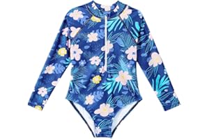 Century Star UPF50+ Long Sleeve Swimsuit Girls Toddler Kids Teen Rash Guard One Piece Bathing Suit Cute Swimwear Zipper 2-15Y