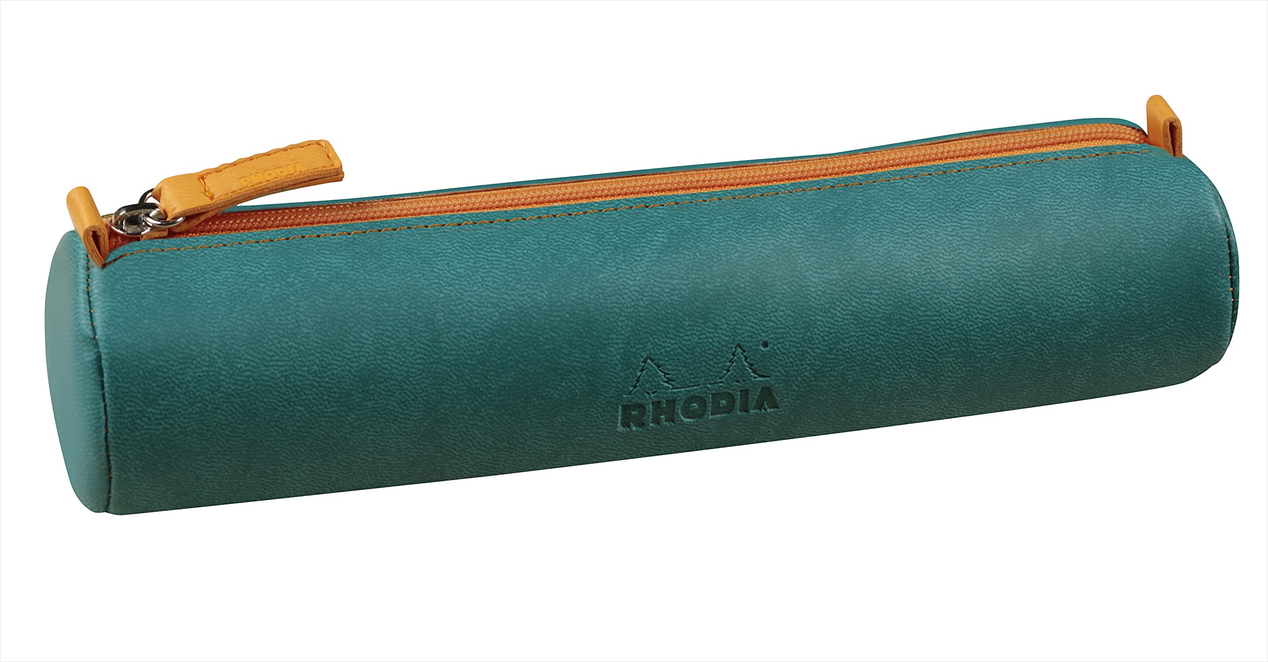 RHODIA 319006C - Rhodiarama Peacock Round Pencil Case - 21.5 x 5.5 cm - Genuine Orange Stitching - Ivory Jersey Interior - Faux Leather - Storage for Pens, Pencils, Markers, Small Supplies