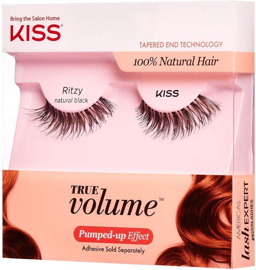 KISS True Volume False Eyelashes, Ritzy', 14 mm, 100% Natural Hair, Tapered End Technology, Contact Lens Friendly