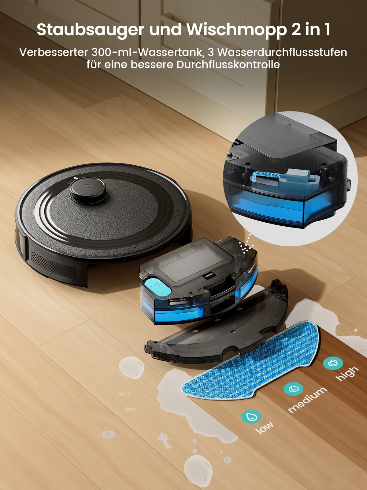 LEFANT M2S Saugroboter mit Wischfunktion, Automatische Teppicherkennung, Roboterstaubsauger mit No-Go-Zonen, 10000 Pa Starke Saugkraft für Tierhaare Teppiche, 240 Min Laufzeit, Schwarz 2