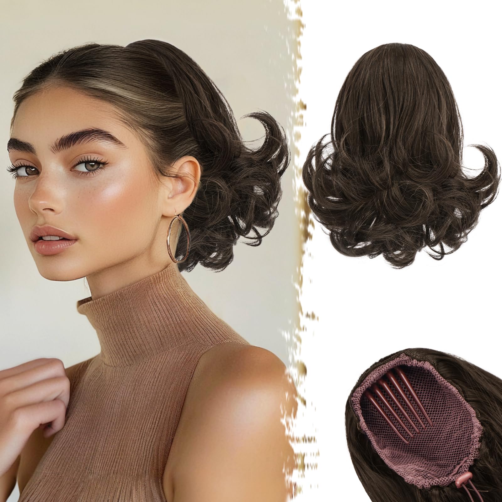BARSDAR Short Brown Ponytail Extension, 10 Inch Wavy Drawstring Ponytail Hair Extensions for Women Synthetic Comb Clip on Ponytail Hairpieces Fake Pony Tails Daily - Brown