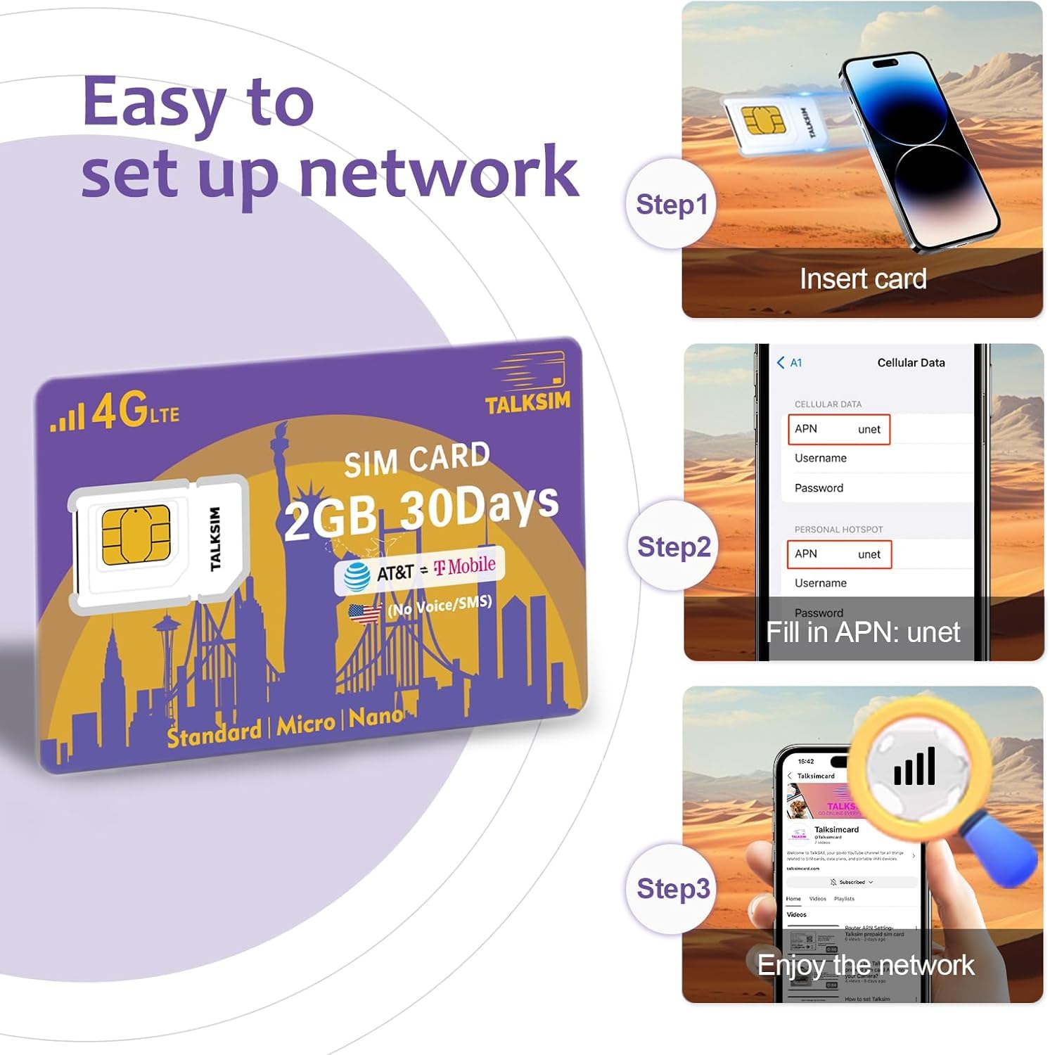 TALKSIM Data SIM Card 2GB 30Days, USA SIM 4G LTE Support AT&T, T-Mobile Network Compatible with Unlocked Security Camera/Router/Mobile WiFi Hotspot/GPS Tracker/Tablet iot Devices