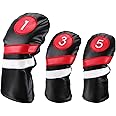 LONGCHAO Golf Head Covers 3pcs Set, Driver Fairway Wood Headcovers, Vintage PU Headcovers for Golf Club