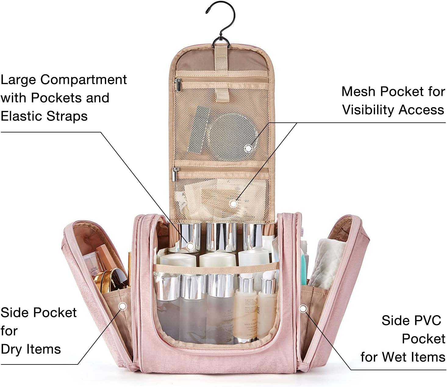 Hanging Toiletry Bag, BAGSMART Travel Toiletry Organizer with hanging hook, Water-resistant Cosmetic Makeup Bag Travel Organizer for Shampoo, Full Sized Container, Toiletries, Pink