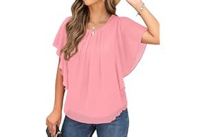 Qixing Summer Casual Loose Round Neck Chiffon Flowy Tops Blouses for Women