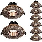 JPVARXM 8 Pack Brushed Brass Downlight,7W Round Recessed Light Fixtures Dimmable Daylight Retrofit Downlight Retro Carving Ba