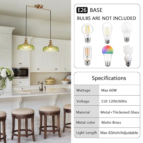 HDDFL VINTAGE PENDANT LIGHTING FIXTURES MODERN GLASS HANGING LAMP WITH ADJUSTABLE CORD FOR KITCHEN ISLAND DINING ROOM HALLWAY 2 LIGHT BRASS AND GREEN