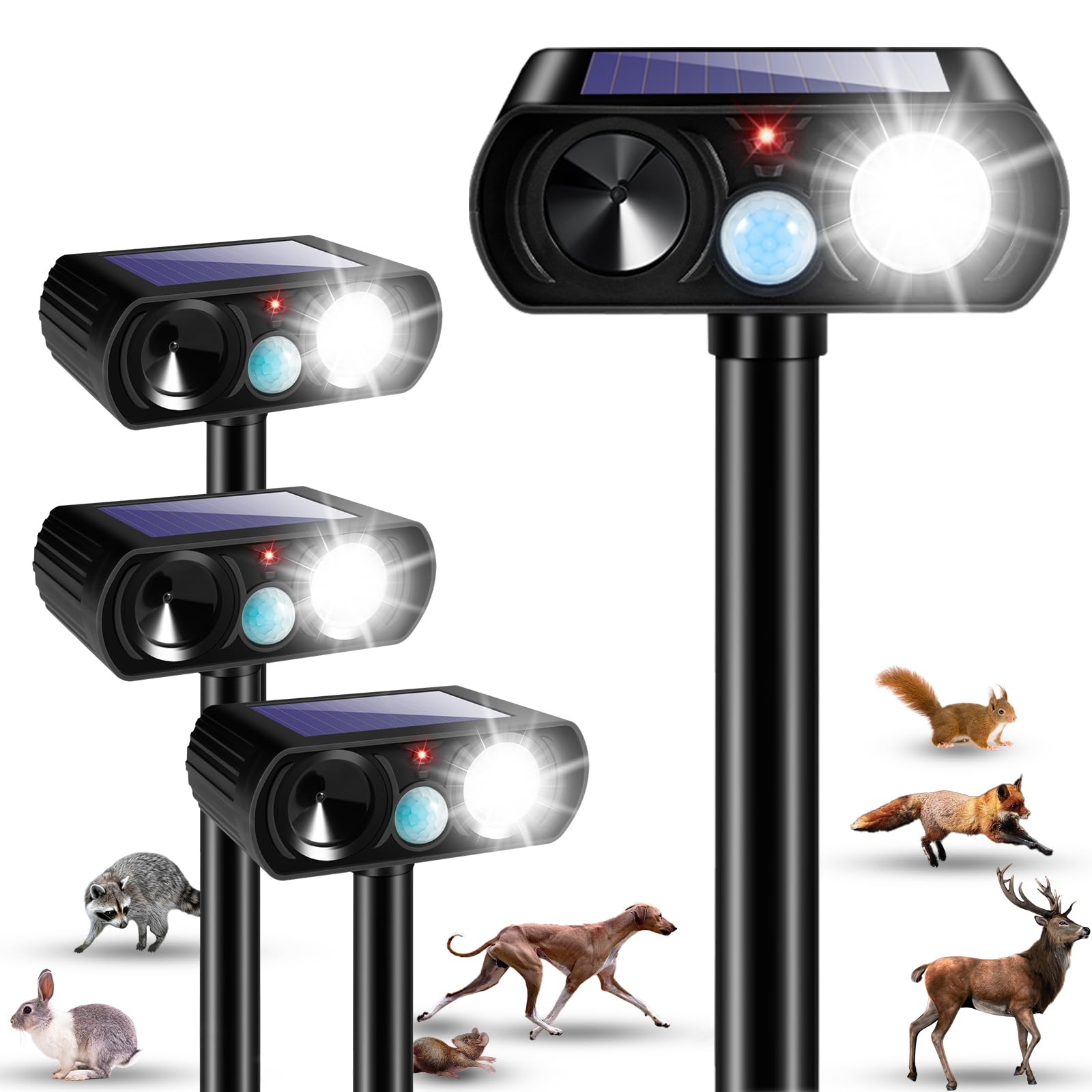 Photo 1 of Racoon Sonic Fortress Pro Deer Cat Repellent Devices Outdoor, Solar Ultrasonic Animal Repeller Squirrel Rabbit Deterrent with Motion Sensor&Flash Light to Scare Dog Skunk Out of Garden Yard(4Pack)