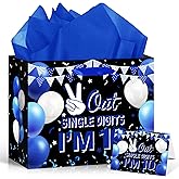 Papmiunm Blue Black 10th Birthday Gift Bag for Boys 10 Years Old Birthday Gift Wrapping Bag with Greeting Card and Tissue Paper Out Single Digits I'm 10 Party Favors Decor Gifts Wrap Bags Supplies