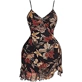 Milumia Women's Plus Size Floral Mesh Cami Dress V Neck Bodycon Summer Short Dresses