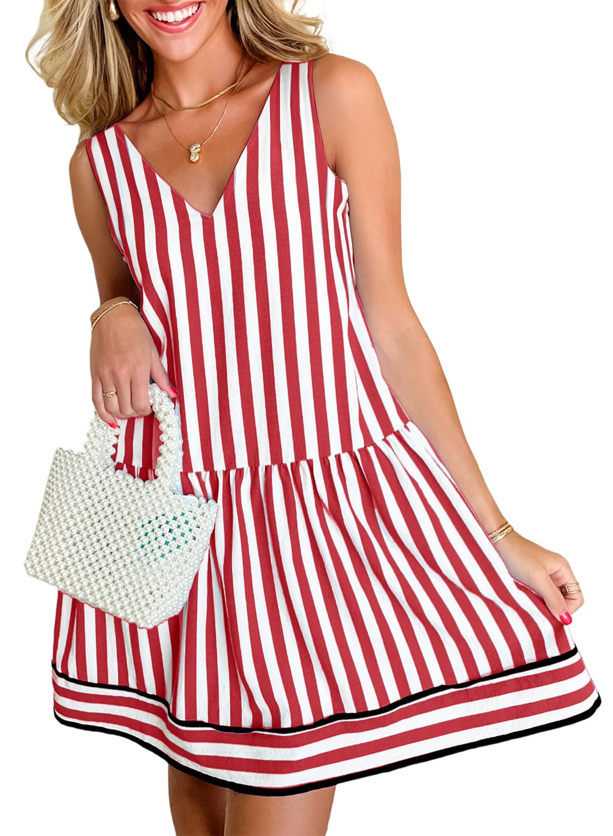 Photo 1 of Acelitt Womens 2025 Summer Sleeveless Striped Dresses Casual Loose V Neck Flowy Ruffle Babydoll Dress Beach Vacation Sundress Medium