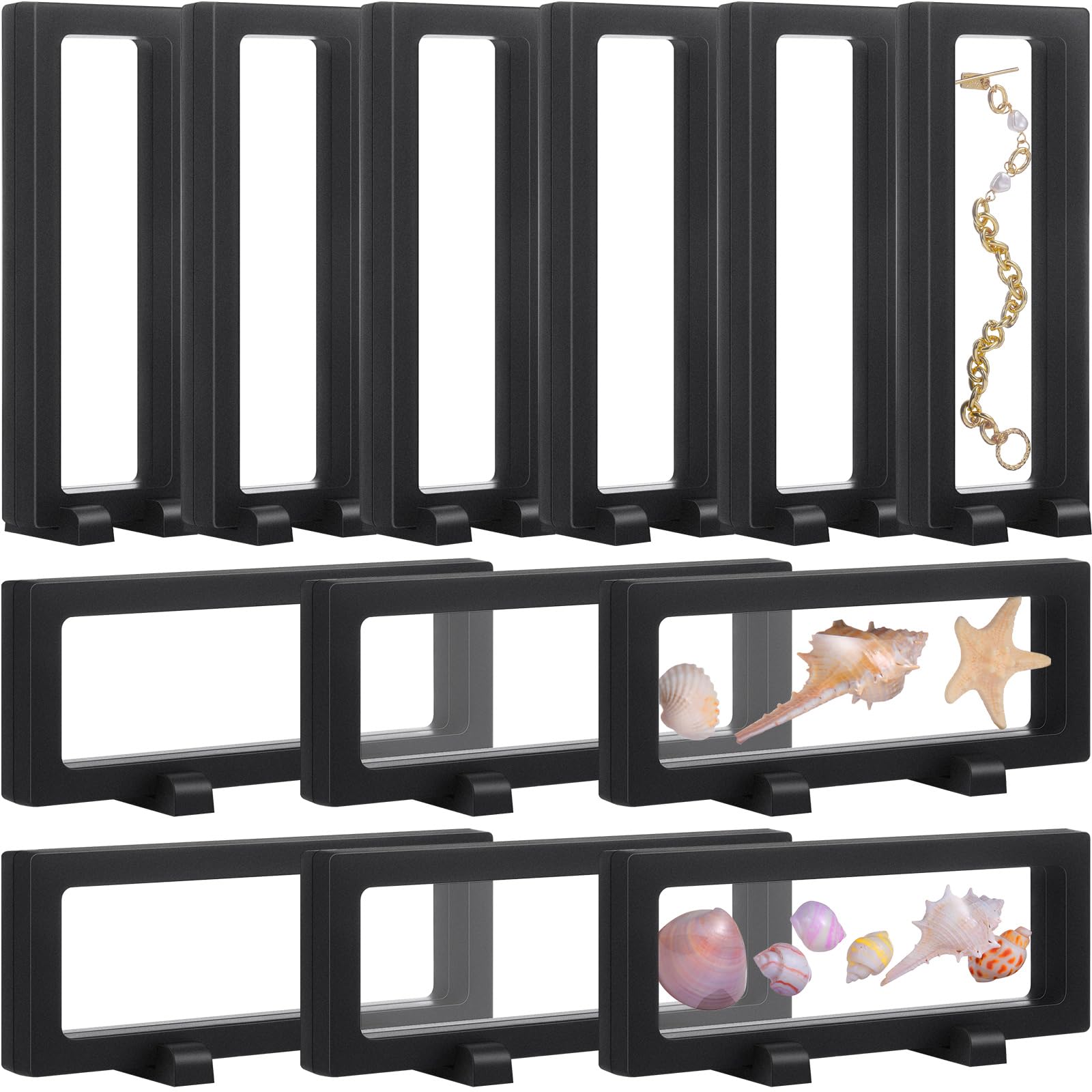 Photo 1 of Harloon 12 Pcs 3D Floating Display Case Floating Frame Display Holder Stands Challenge Coin Jewelry Frame Box for AA Medallions Fossil Rock Gemstones Specimen(Black,7 x 2.8 x 0.8 Inch,Square Base)
