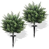 R’s Ceder Artificial Topiary Cedar Tree 28 inch Faux Little Bush Cedar Tree UV Resistant Shrub Potted Artificial Plant for Outdoor Indoor Front Porch Garden (2 Pack)