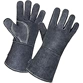 OZERO 932℉ Leather Forge Welding Gloves 14-inch Heat Resistant Grill BBQ Glove with Flame Retardant Long Sleeve and Insulated Lining for Men and Women Gray