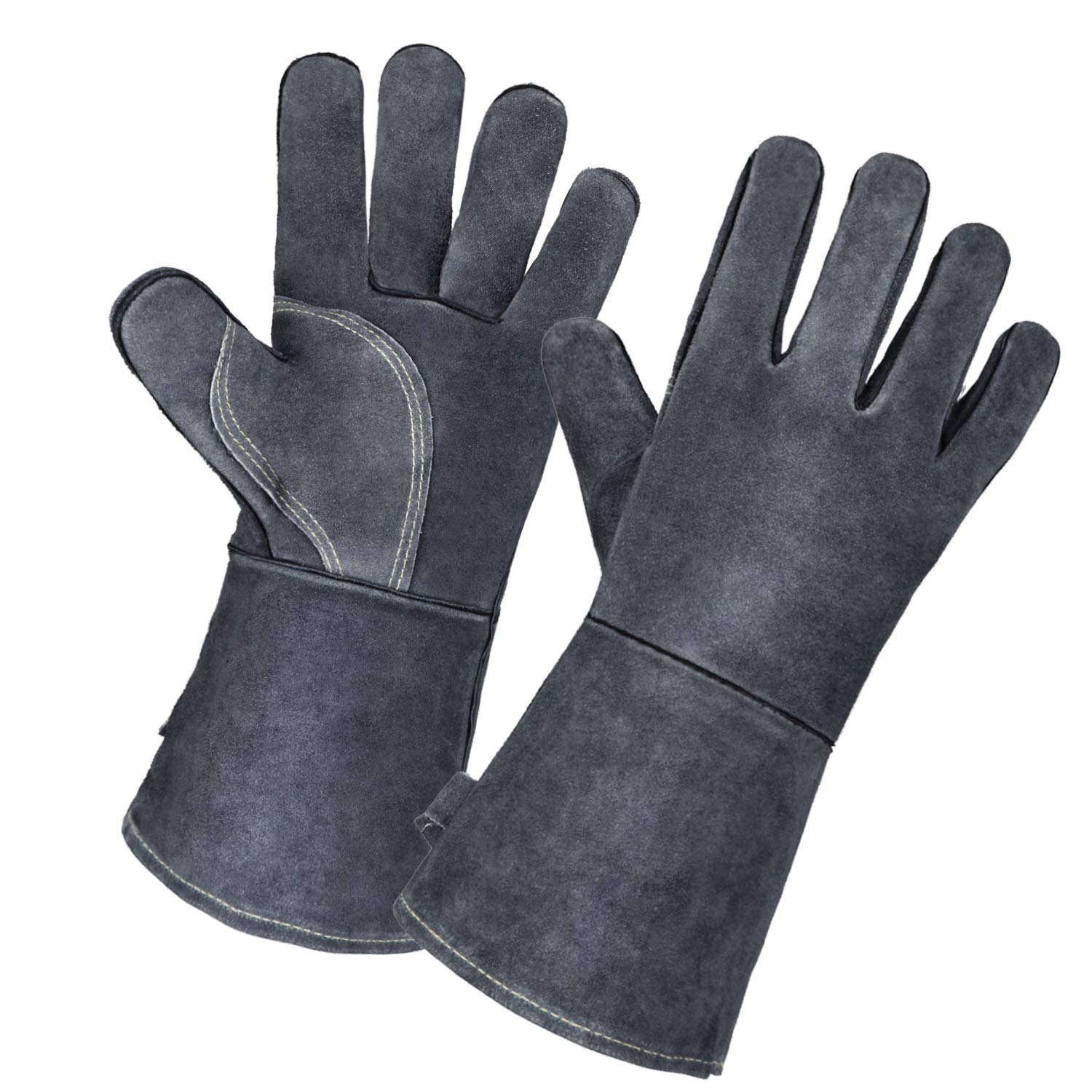 Photo 1 of OZERO 932? Leather Forge Welding Gloves 14-inch Heat Resistant Grill BBQ Glove with Flame Retardant Long Sleeve and Insulated Lining for Men and Women Gray