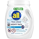 All Mighty Pacs Laundry Detergent, Free Clear for Sensitive Skin, Tub, 60 Count