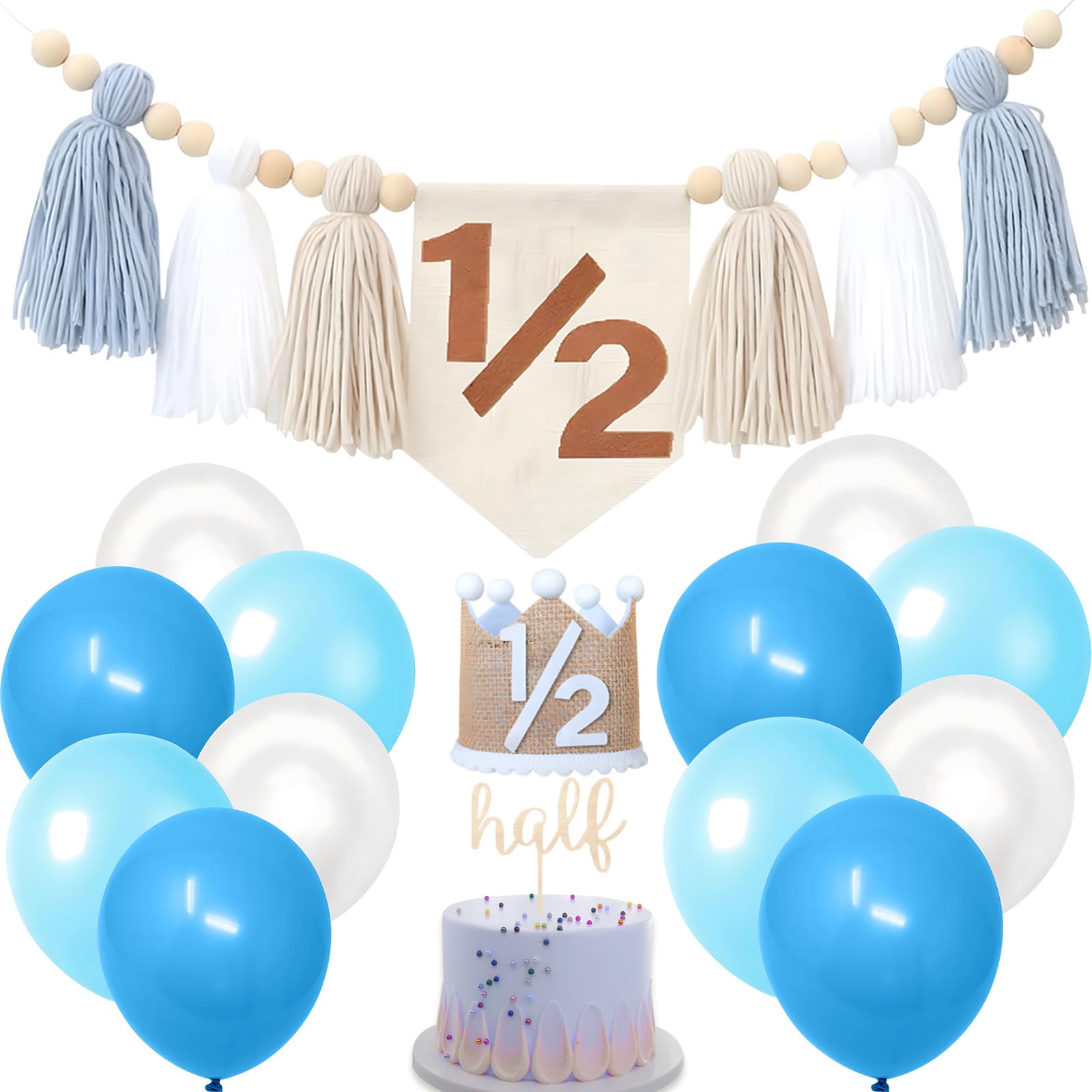 Blue Half Birthday Decorations Girls Boys - 1/2 Birthday Highchair banner with Hat Cake Topper and 12in Latex Balloons - Suitable for 1/2 Party Supply — image 1