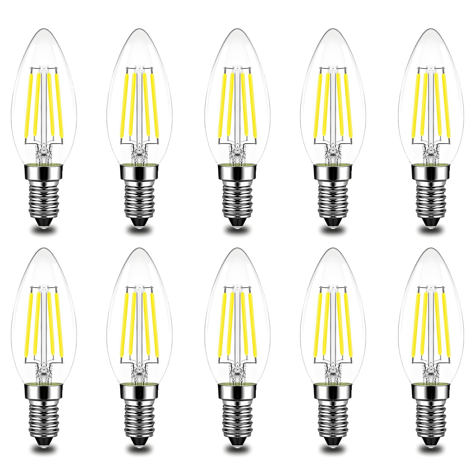 10-Pack E14 LED Candle Filament Bulbs 4W,Cool White 6500K Candelabra E14 SES Bulb, 360 Degree Beam Angle, Non-Dimmable, 400lm, LED Light Bulb, Small Edison Screw Candle Light Bulbs