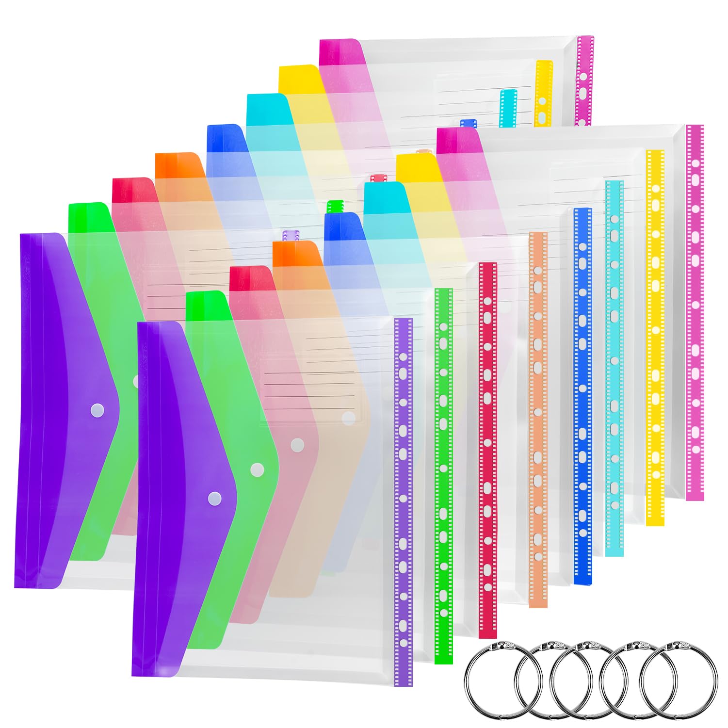 SdreMelo16Pack Punched Pockets A4 Expandable Punched Folders 8 Colors A4 Plastic Wallets Folders 11 Holes Plastic Punched Documents Folder Envelope File Popper Wallets with Lable Pocket Snap Button