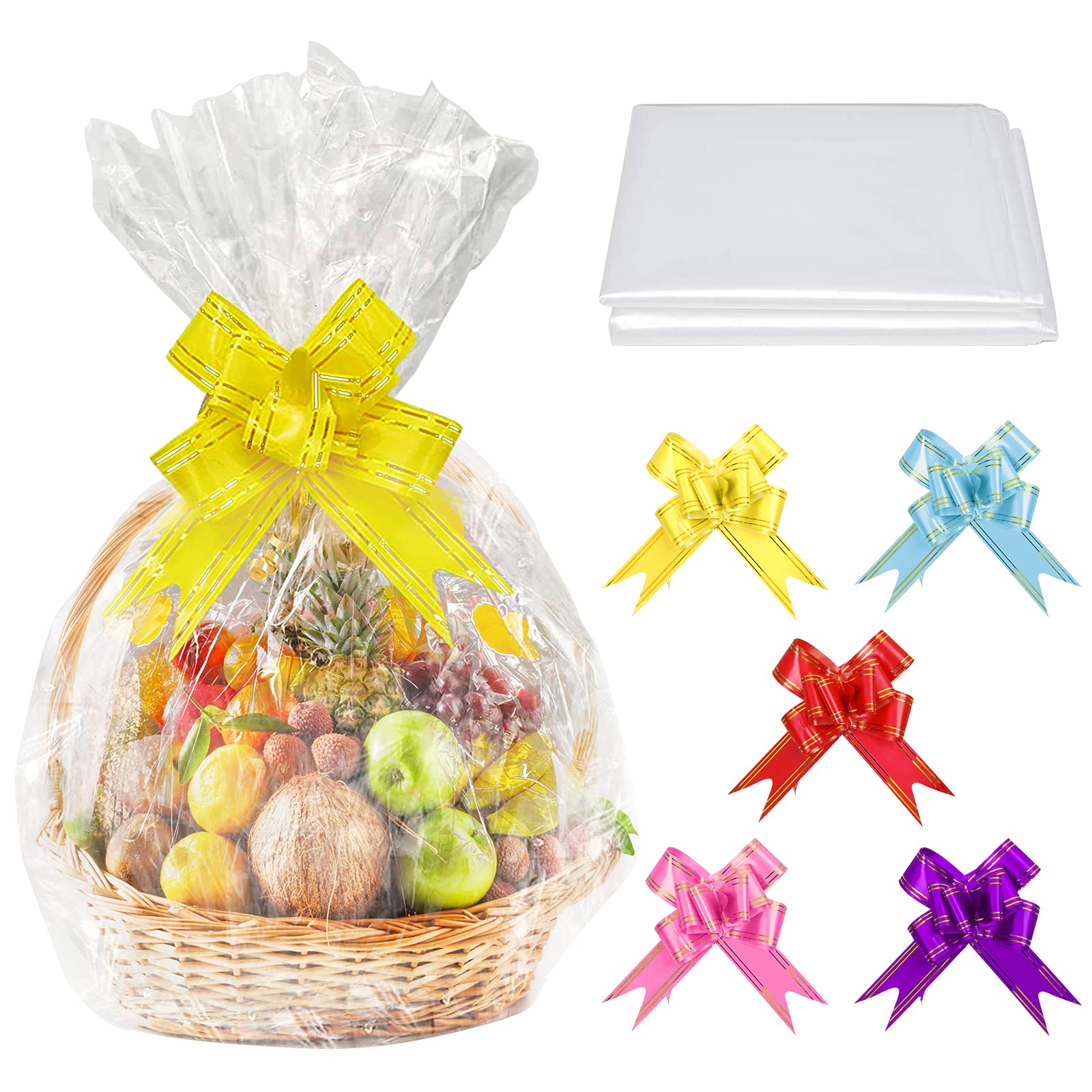 SelfTek 20pcs Large Cellophane Bags with Pull Bows Cellophane Wrap Bags for Hampers with Bows Set for Baskets Making Easter Gifts Presents Packaging, 33 X 22 Inches