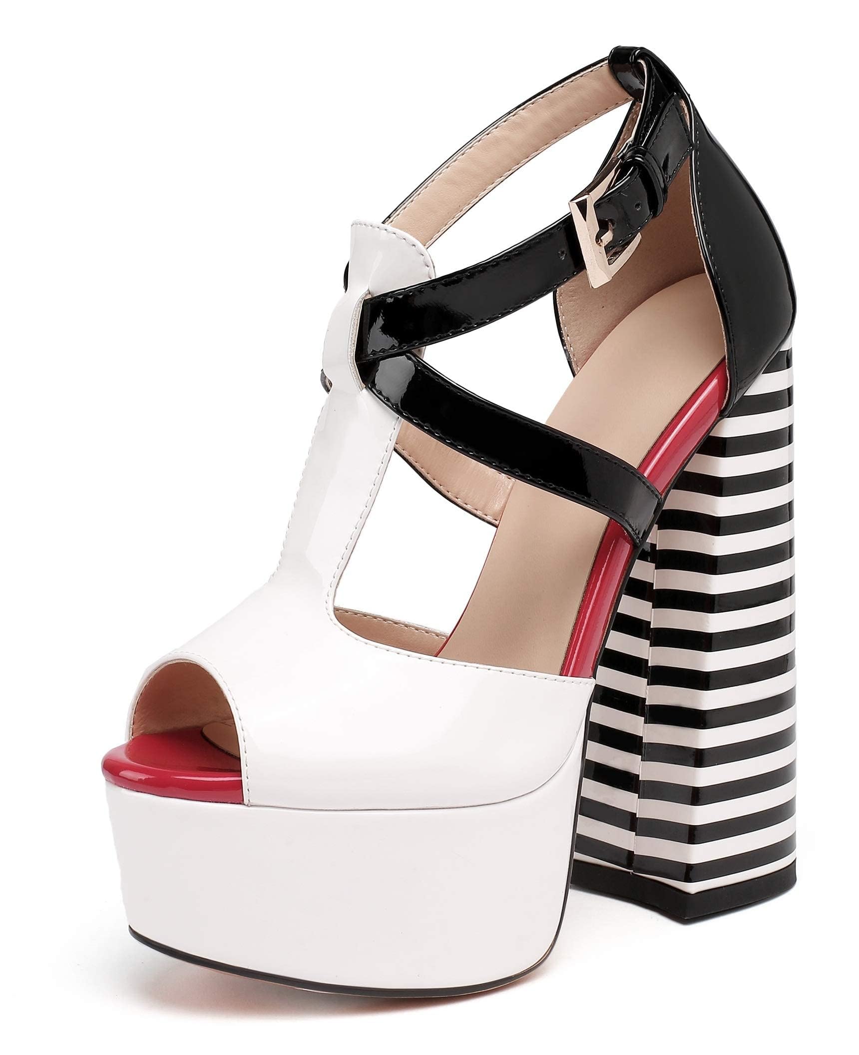 Photo 1 of (dirty/ need cleaning) YODEKS Peep Toe Heels Platform Heels Chunky High Heels Sandals Women's Open Toe Ankle Buckle Shoes Multicolored Size 9