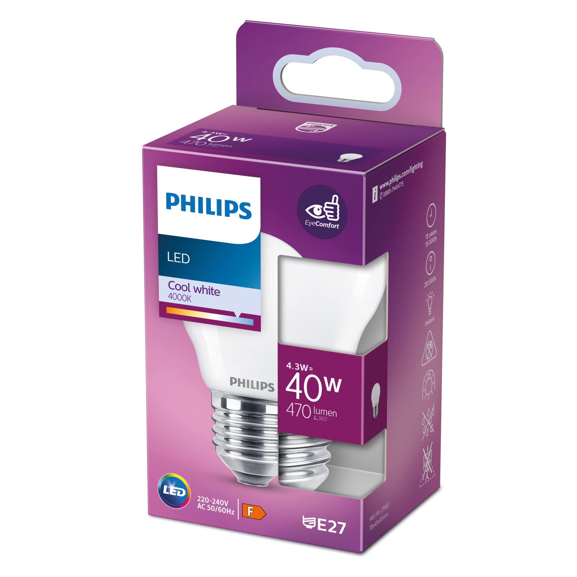 Philips LED Premium Classic P45 Frosted Light Bulb [E27 Edison Screw] 40W, Cool White 4000K, Non Dimmable.