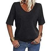EasyGala Women's V Neck Tops Elbow Length Shirts Loose Fit Summer Tops Basic Tees