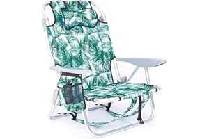 Canpsky Portable Beach Chair for Adults, Outdoor Lightweight Camping Chair Lay Flat Folding Backpack Beach Reclining Chair with 4 Positions, Headrest, Cooler Pouch, Cup Holder, Green Leaves