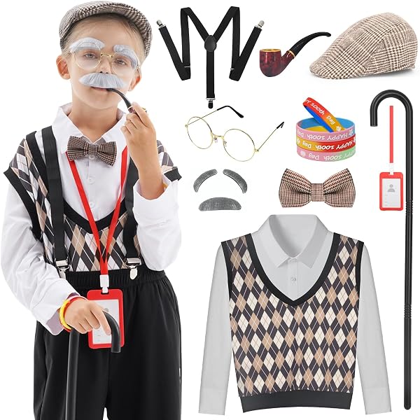 ZeroShop 100th Day Of School – Alte Dame Kostüm Set Für Mädchen, 10-teilig Mit Perücke, Brille & Gehstock