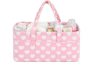 QiANBiRD Diaper Caddy Organizer for Baby Girl-Nursery Storage Bin-Portable Car Organizer for Diapers and Baby Wipes- Baby Shower Registry Basket Newborn Must Have Tote Caddy Bag（Pink Heart）