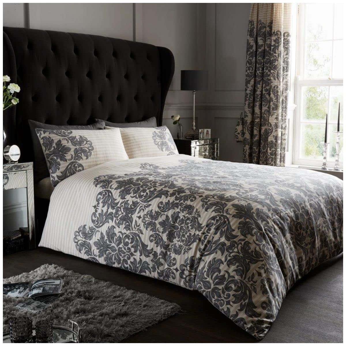Gaveno Cavailia Empire Damask Luxurious Bed Set with Duvet Cover and Pillow Cases, Polyester-Cotton, Double-Cream