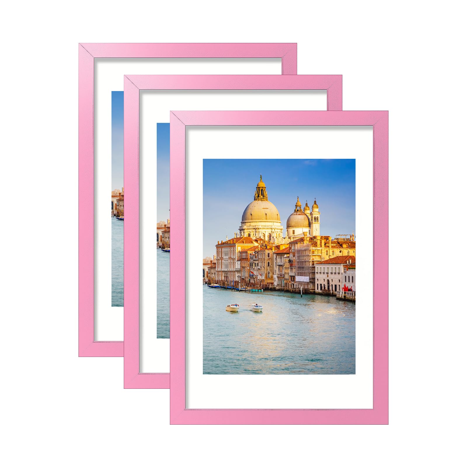 wyooxoo 11x17 Picture Frame Set of 3 Pink Made of Solid Wood Photo Frames Display Pictures 8x12 with Mat or 11x17 Without Mat Colorful Frame For Horizontal Vertical Wall Mounting Image