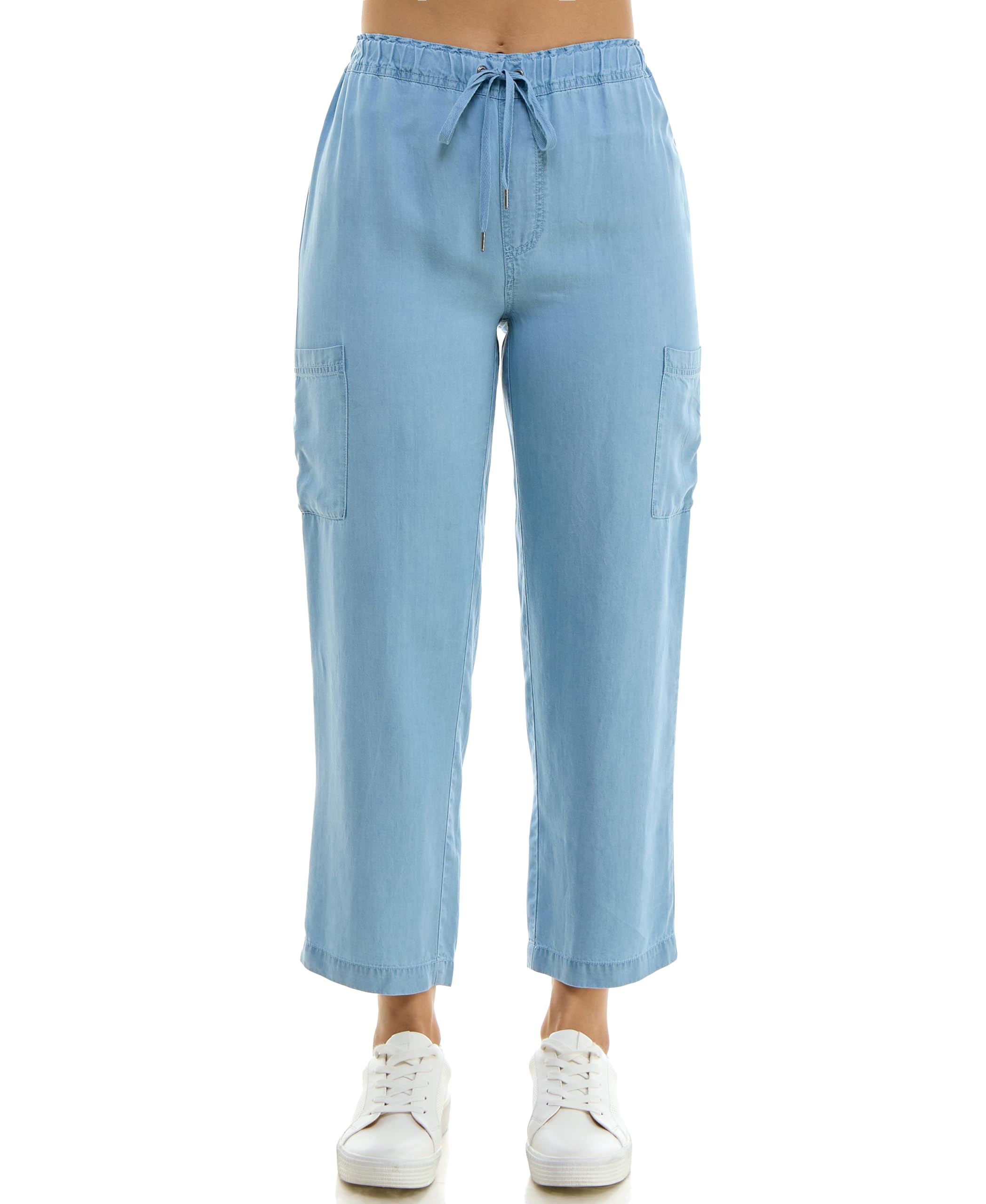 Photo 1 of Zac & Rachel Women's Tencel Ankle Length Pant with Elastic Wasitband, Self Adjustible Belt and Functional Side Cargo Pockets, Light Wash