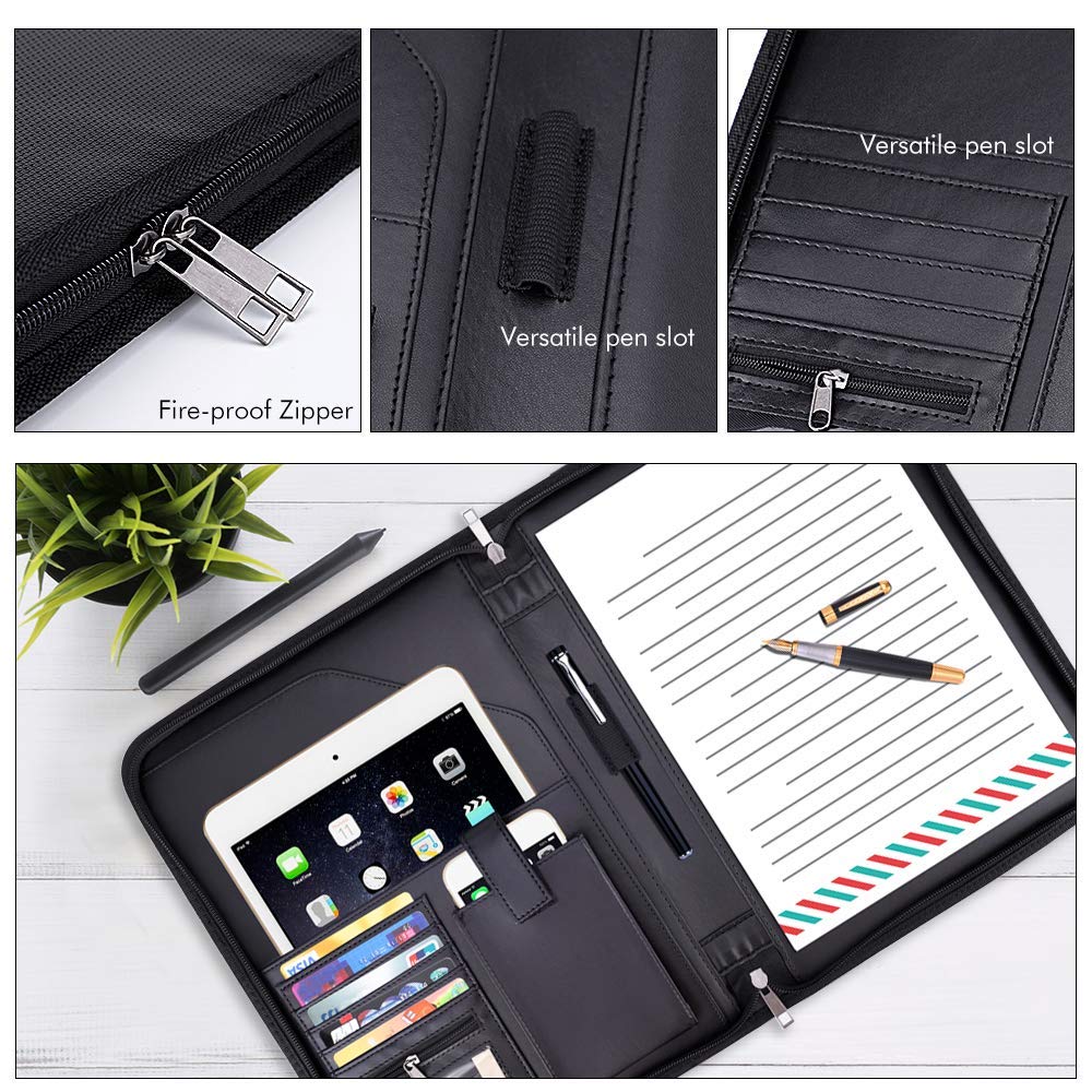 Fireproof Padfolio Portfolio Business File Folder with Zippered Pockets Fire and Water Resistant Executive Writing Pad,Personal Document Organizer Folder,Planners, Briefcase for Travel