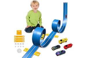 JOYANDRO 15 Ft Flexible Race Car Track (Daytona Blue) for Kids,Flex Track Starter Set Compatible with Hot Wheels and Diecast 1/64th Cars,Portable Racetrack Roll Up Race Track with 4 Racecars and Suction Cups