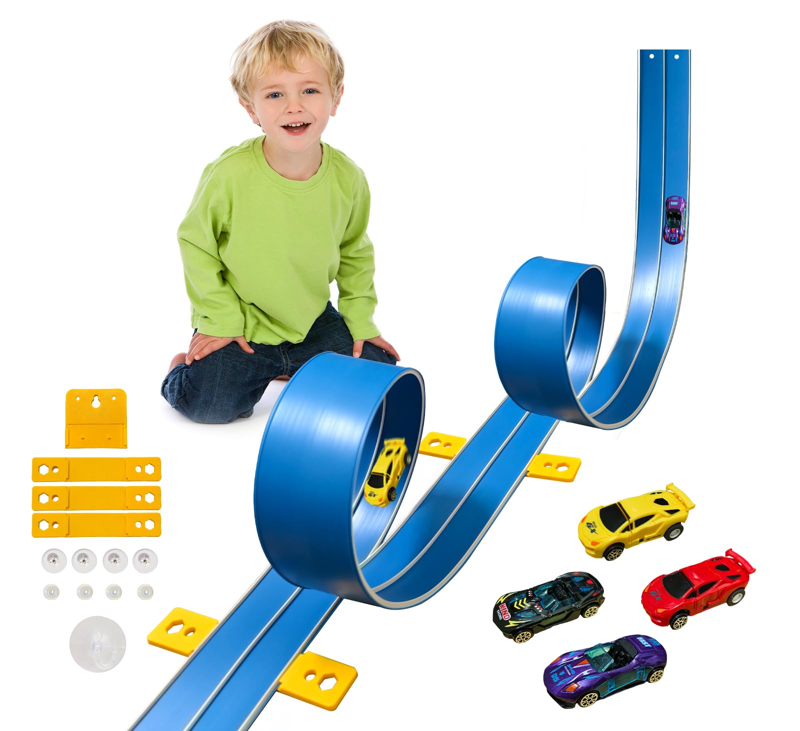 Photo 1 of 15 Ft Flexible Race Car Track (Daytona Blue) for Kids,Flex Track Starter Set Compatible with Hot Wheels and Diecast 1/64th Cars,Portable Racetrack Roll Up Race Track with 4 Racecars and Suction Cups