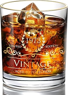 1973 52nd Birthday Gifts for Men/Dad/Son, Vintage Unfading 24K Gold Hand Crafted Old Fashioned Whiskey Glasses, Perfect for Gift and Home Use - 10 oz Bourbon Scotch, Party Decorations