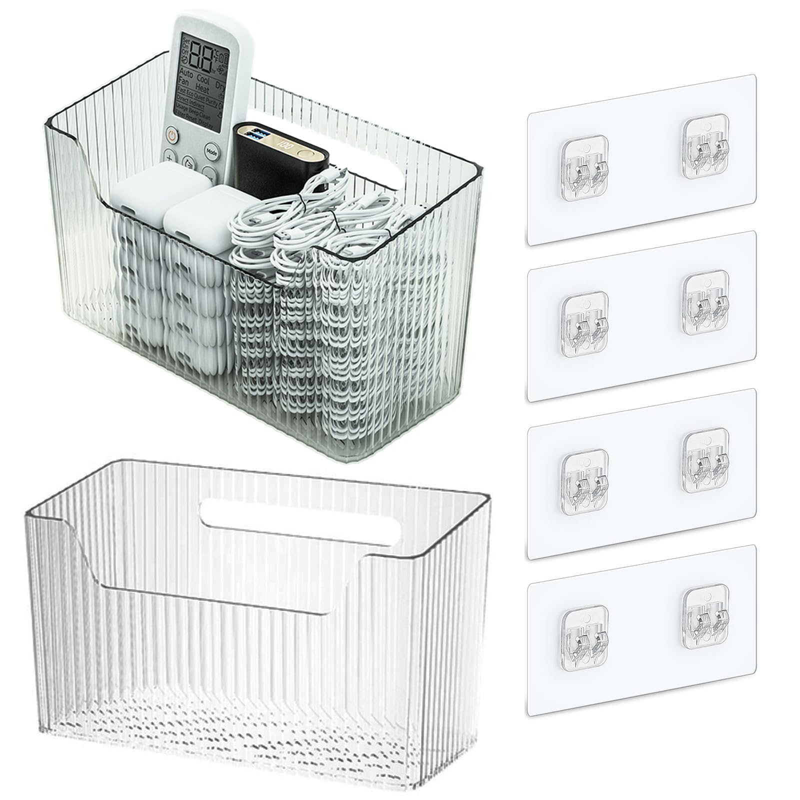 Set Of 2 Storage Organizer Bins Wall Mounted Shower Basket, Shower Caddy Stackable Clear Plastic Makeup Organizer Adhesive Hanging Bin for Bathroom, Kitchen, Cabinet, Pantry, BPA Free, Clear