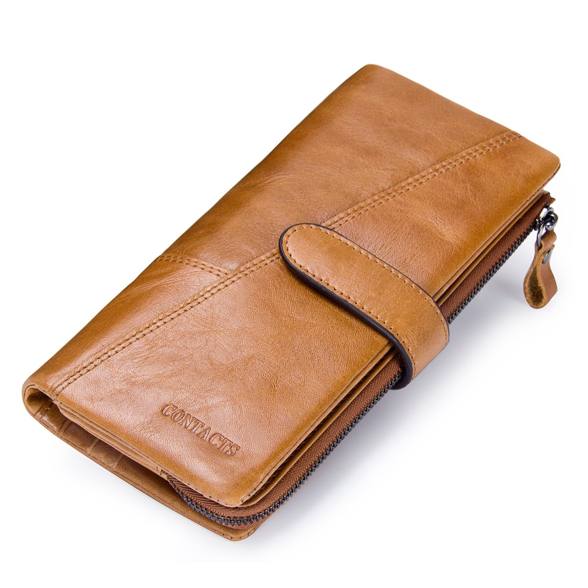 CONTACTS Real Leather Womens Multifunction Wallet,Travel Secretary Checkbook Phone Long Wallet,Zipper Coin Purse Large Capacity Clutch for Men(Brown)