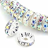 YouLuo 100Pcs Rondelle Spacer Beads Round Czech Rhinestone Crystal Charm Loose Spacer Beads Silver Plated for Jewelry Making Supplies DIY Bracelet Necklace (AB Crystal, 6mm)