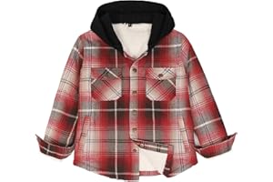 ZENTHACE Kids Boys Girls Sherpa Lined Flannel Shacket Jacket,Hooded Plaid Snap Shirt,Fall Winter Playwear