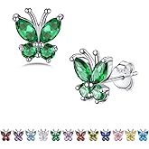 Bestyle Sterling Silver Butterfly Earrings for Women, Dainty Cute Birthstone Studs Hypoallergenic Jewelry, Great Birthday Gift