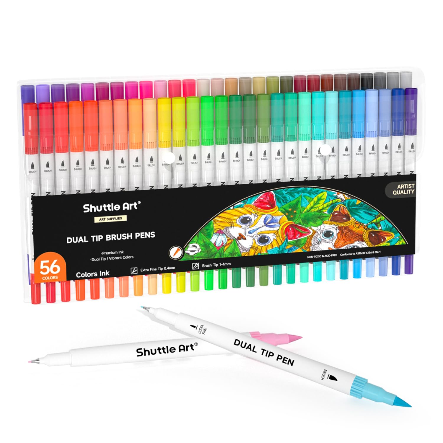 Shuttle Art Dual Brush Marker Pens, 56 Colors Water-based Ink, Dual Tip Calligraphy Pens Fineliner and Brush Tip perfect for Kids Adult Artist, Hand Lettering, Journal, Doodling, Writing
