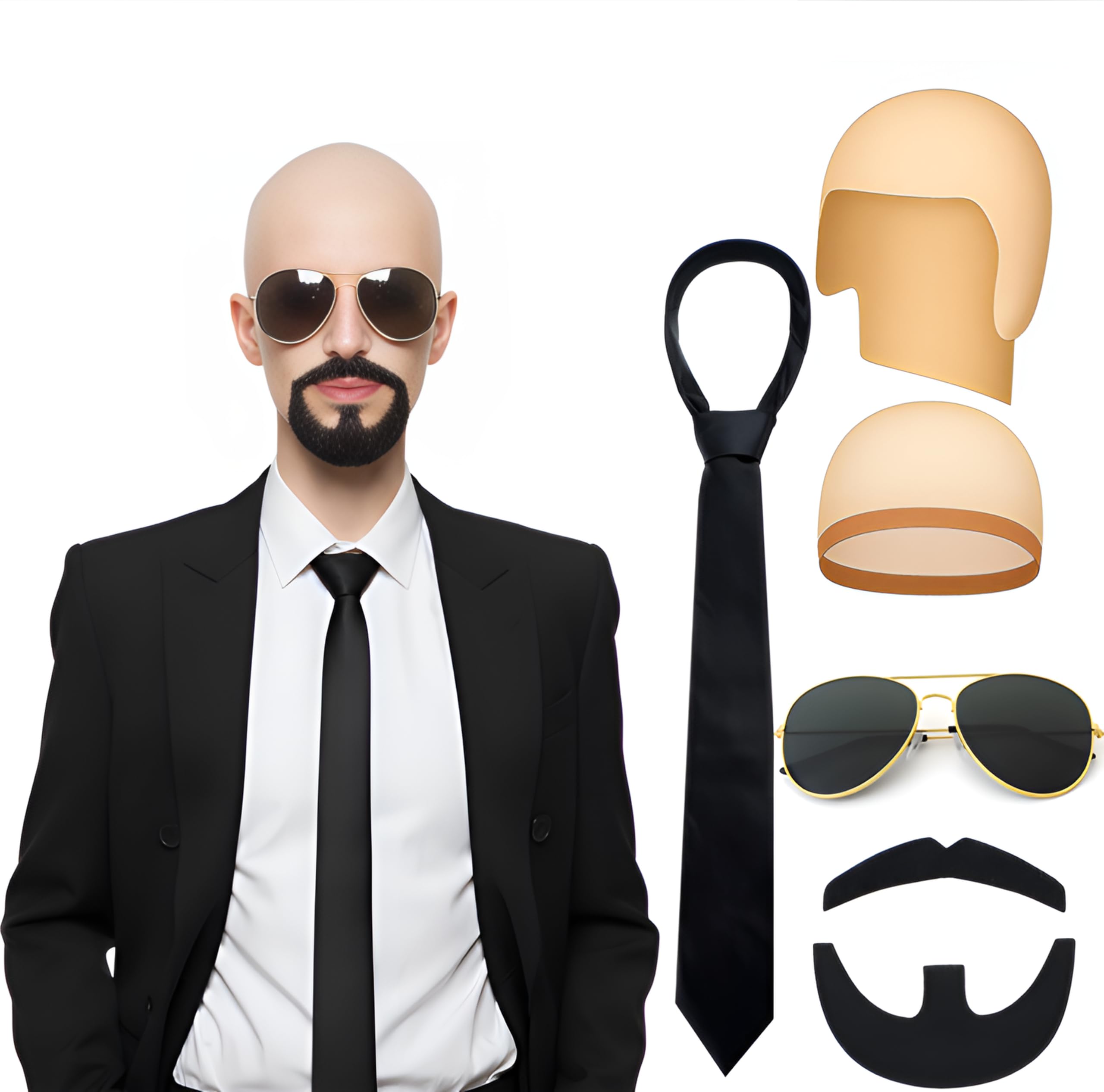 Photo 1 of (incomplete) Mepase 5 Pcs Halloween Mr World Costume Accessories Bald Cap Glasses Black Tie Mustache Set for Women Men Halloween Cosplay